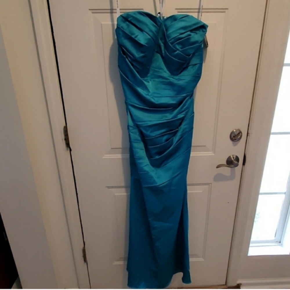 David's Bridal Malibu blue stretch satin gown
